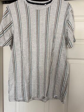 Free Planet Heather Gray Short Sleeve Tee with Teal & Tan Stripes